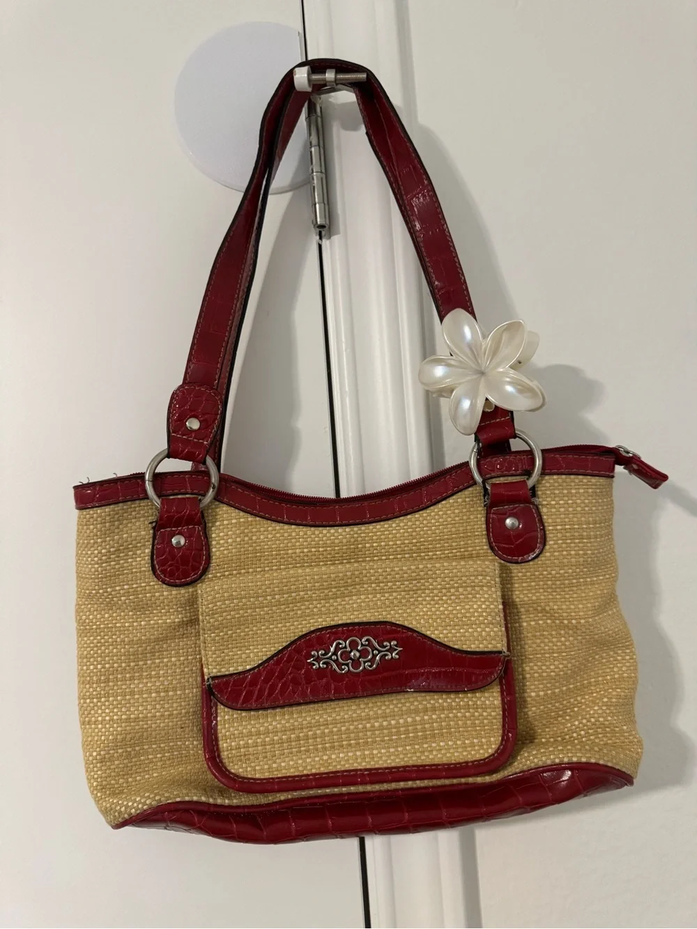 Straw Tote with Red Trim